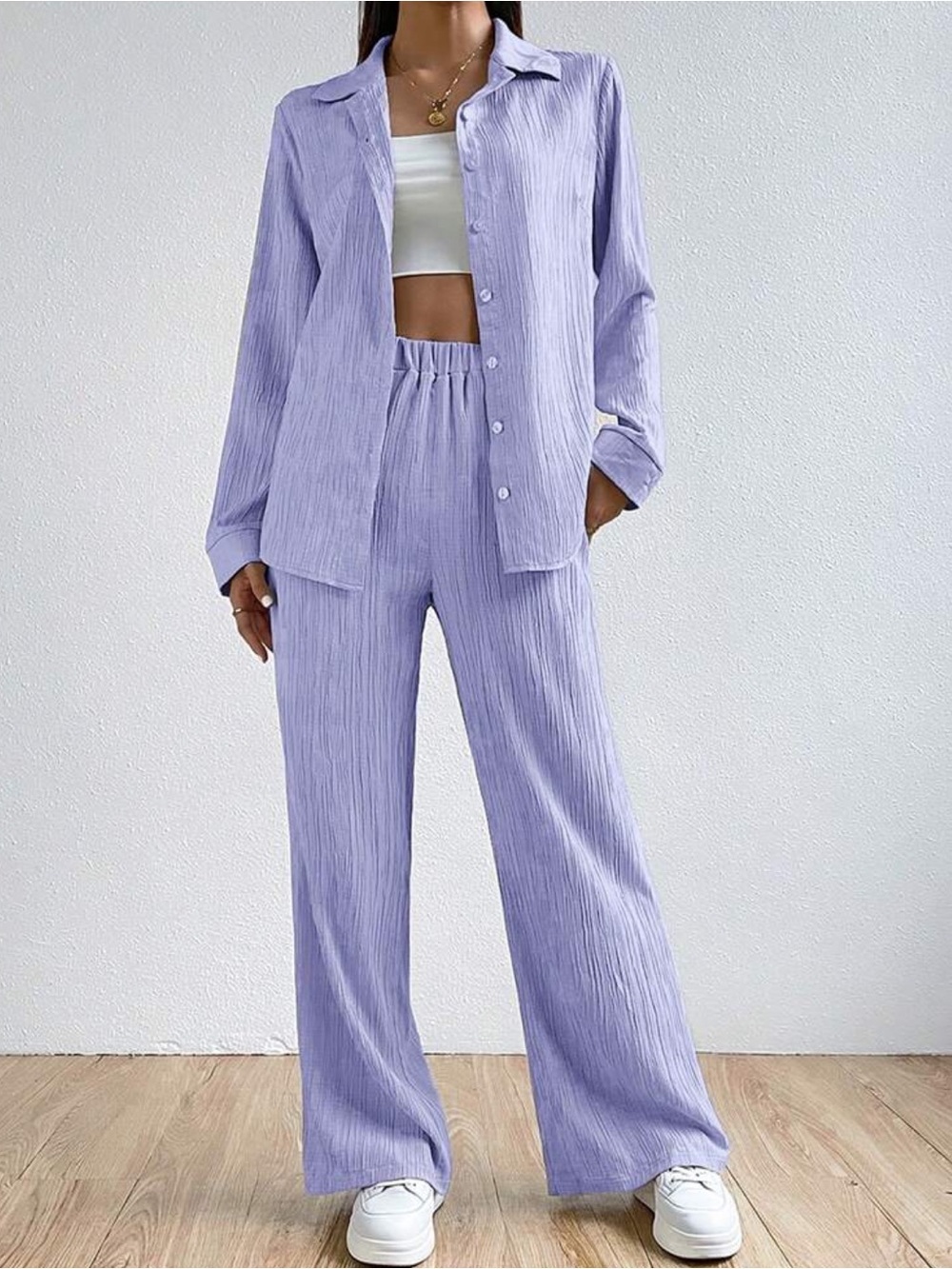 Lavender Loose Pants and Button Down Shirt Casual Set